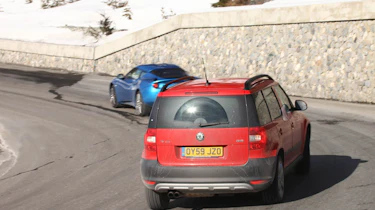 Skoda Yeti meets Lotus Evora in snow