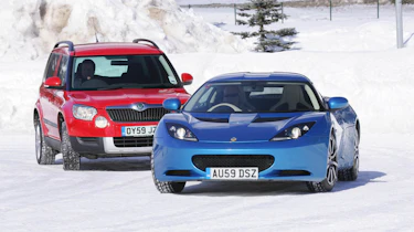 Skoda Yeti meets Lotus Evora in snow