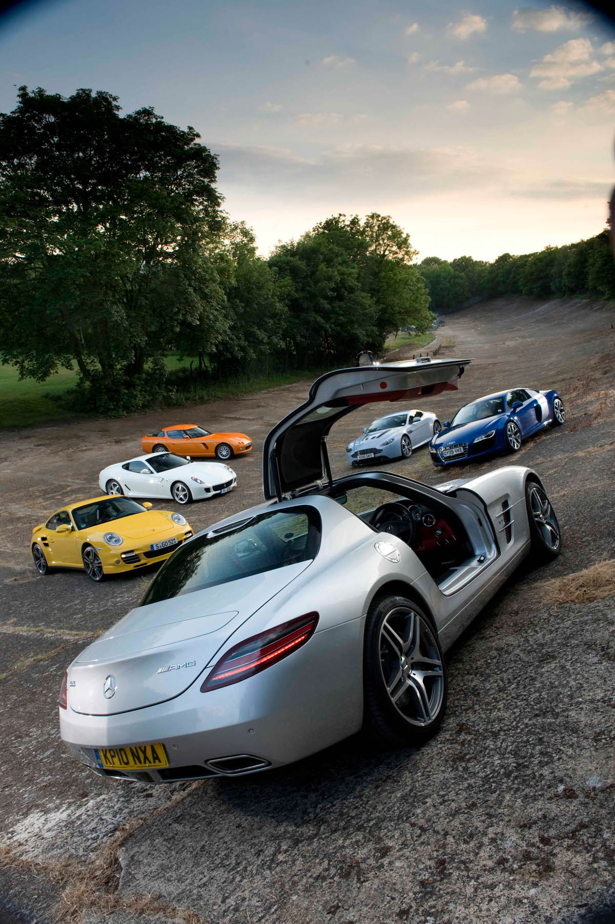 Mercedes SLS AMG v Ferrari 599, Porsche 911, Aston Martin, Audi R8 and Bristol Fighter