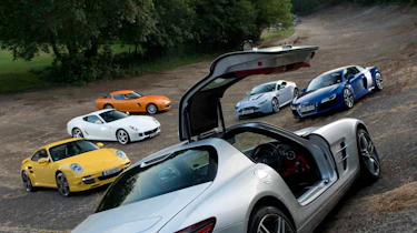 Mercedes SLS AMG v Ferrari 599, Porsche 911, Aston Martin, Audi R8 and Bristol Fighter