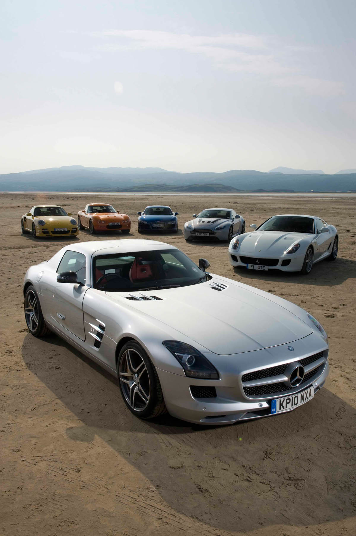 Mercedes SLS AMG v Ferrari 599, Porsche 911, Aston Martin, Audi R8 and Bristol Fighter