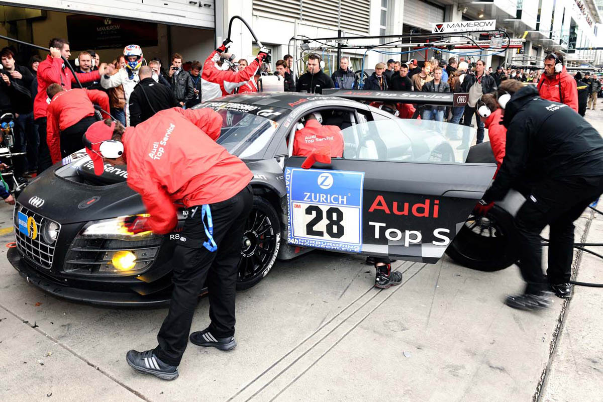 evo races Audi R8 LMS at the Nurburgring